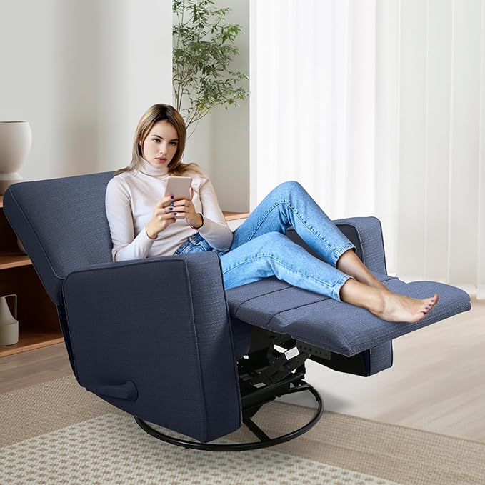 Swivel Rocker Recliner Chair for Adults High Back Fabric Recliner with Deep Seat Manual Glider for Living Room &amp Nursery Blue