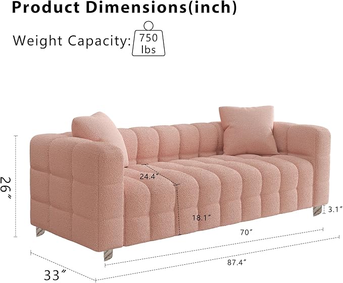 87.4'' Modern 3-Seater Sofa Bubble Couch with 2 Pillows for Living RoomTeddy Bouclé Velvet Deep Seat Sofa Couch Fluffy Loveseat Sofa with 6 Metal Base Legs for Bedroom/Home/Office(Pink)