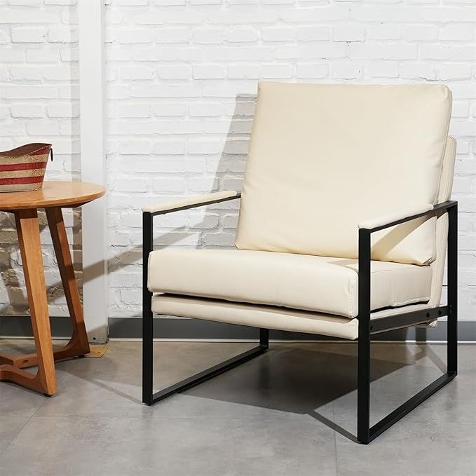 CONSDAN StoneCreek Accent Chair Modern Armchair with Metal Frame Leather Single Sofa Chair with Thick Padded Backrest Upholstered Lounge Chair for Living Room Bedroom Pale Cream White