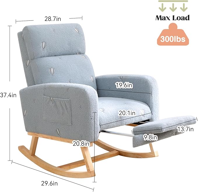 Rocking Chair Nursery with Foot Rest Nursing Rocking Chairs for Mom Breastfeeding Teddy Rocker Glider Chair with High Backrest for Living Room Bedroom Blue Printed