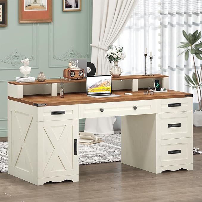 Farmhouse Executive Desk with Drawers &amp Storage Shelves 55 Computer Desk with Power Outlets Home Office Desk with Monitor Stand &amp File Drawers Writing Study Table Antique White
