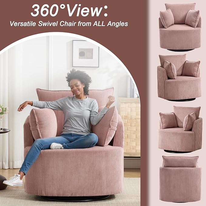 Pink Accent ChairPink Swivel ChairSwivel Barrel ChairUpholstered Living Room Chair Corduroy Reading Chair Single Sofa Chair for Bedroom Apartment Office (Corduroy)