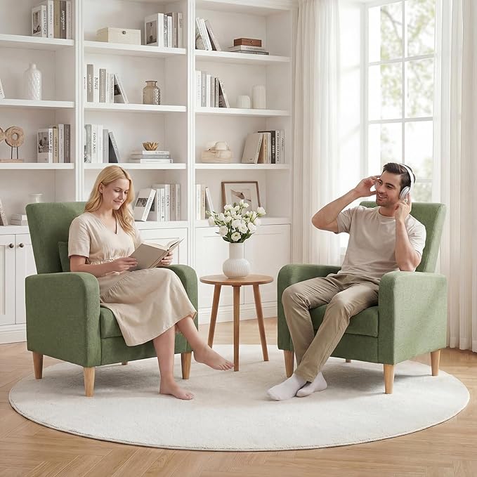 COLAMY Mid-Century Modern Upholstered Accent Chair with Back Pillow &amp Solid Wood Legs Fabric Cozy Armchair for Living Room Bedroom Reading Nook Apartment &amp Small Spaces Green