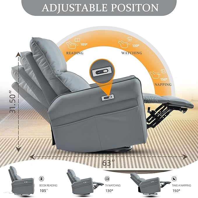 Power Swivel Rocker Recliner Chair for Nursery Upholstered 270° Swivel Glider Rocker Chair with USB Ports Small Power Recliners for Small Spaces Living Room