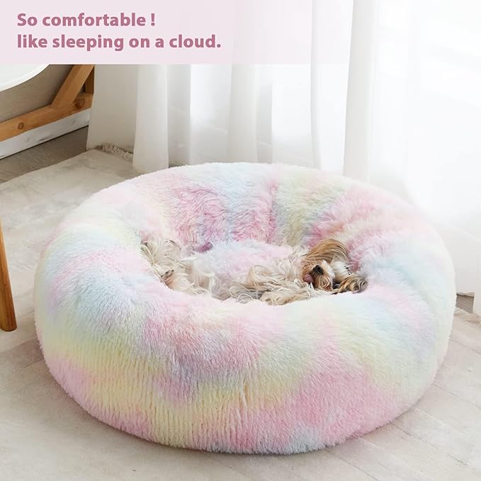 WNPETHOME Donut Dog Beds Large Sized DogAnti-Anxiety Caming Large Pet BedFluffy Faux Fur Plush Puppy BedWarming Cozy Soft Round Bed for Pet Cat Cuddler Cushion