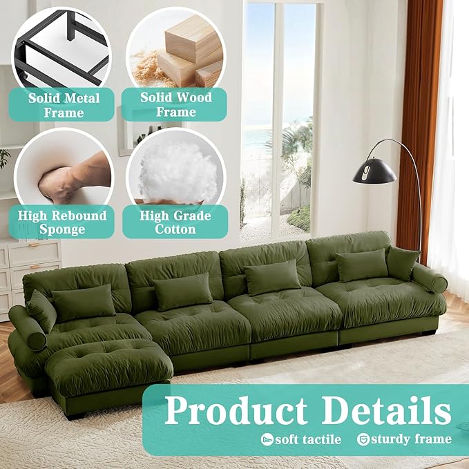 SoarFlash Sectional Couches for Living Room L Shaped Sofa Couch with Velvet Fabric 4 Seat Modern Sofa with Ottoman Removable Pillows for Apartment Green