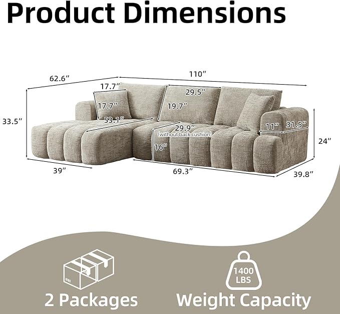110 Inch Cloud Sectional CouchModern Upholstered Sofa with Deep SeatChenille Boneless Couches with L-Shape ChaiseSponge Compressed Couches for Living Room (Khaki Left Facing Chaise)