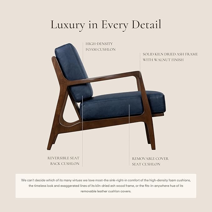 Poly &amp BARK Verity Leather Accent Chair – Armchair with Walnut Wood Frame – Fashion-Forward Lounge Seating for Living Room – Upholstered in Midnight Blue Leather for Modern Style