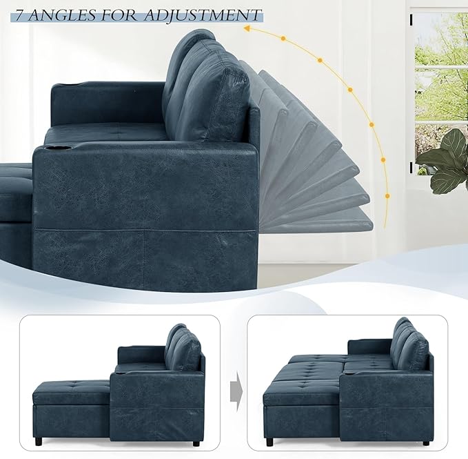 84 L-Shape Pull Out Sofa Bed with Adjustable Backrest Upholstered Sectional Sleeper Sofa with Storage Chaise Suede Leather Reversible Couch Bed with USB Port for Living Room House Blue
