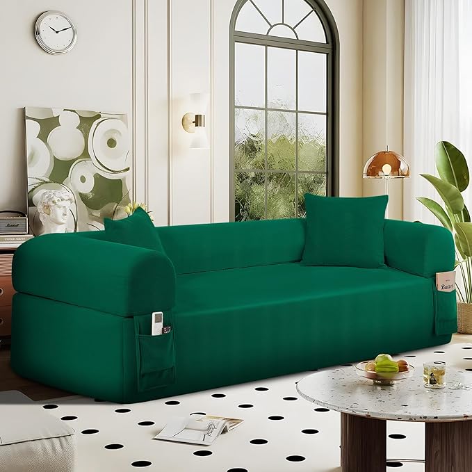 83 Boneless Couch 3 Seater Sofa with 2 Matching Pillows Compact Corduroy Couches for Living Room Side Storage Pockets Floor Sofa with Removable Armrests No Assembly Required Green