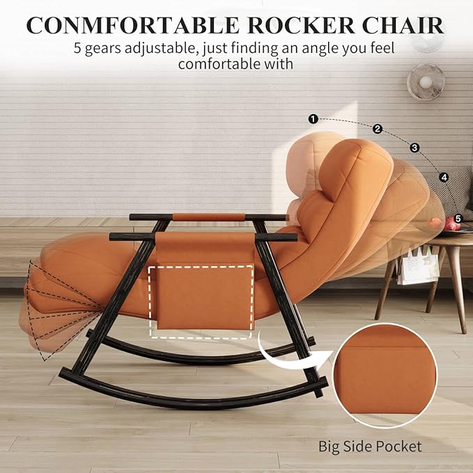 NIOIIKIT Nursery Rocking Chair Velvet Upholstered Rocker Chair with Adjustable Back&ampFootrest Reclining Glider Chair with Side Pocket Tufted Glider Rocker Armchair for Living Room (Orange Velve
