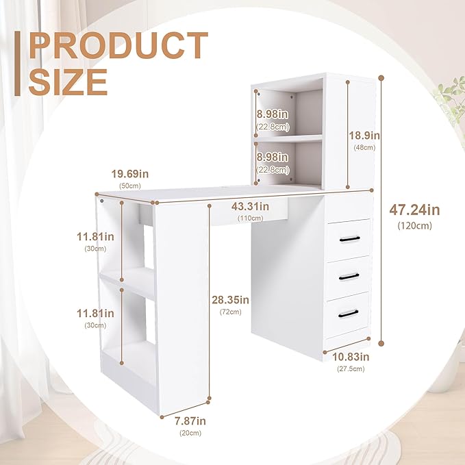L Shaped Desk with Power Outlets &amp LED Lights Computer Desk with Drawers &amp Bookshelf Modern Corner Desk for Home Office Study Gaming Table Writing Workstation (White-New)