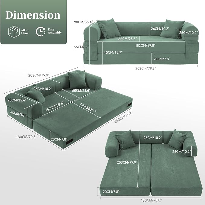 KBQ 3-Seat Convertible Sleeper Sofa Bed with 2 Pillows Corduroy Folding Mattress Couch Floor Sofa Lounge Couch for Living Room Bedroom Lounge Studio Light Green