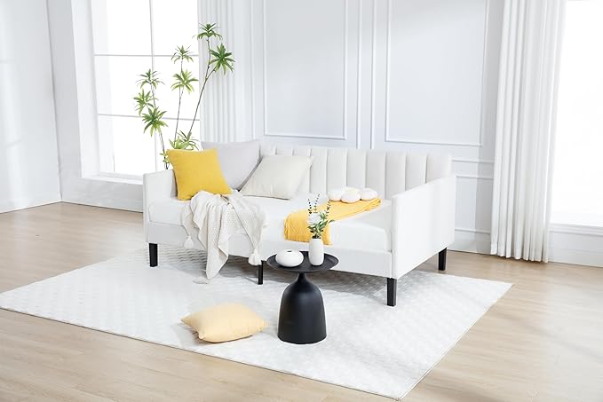 GDFStudio Twin Size Upholstered Daybed Futon Sofa Bed Ribbed Tufted Backrest Lavish Modern Design Couch Bed Frame for Bedroom Living Room Guest Room ApartmentIvory Boucle