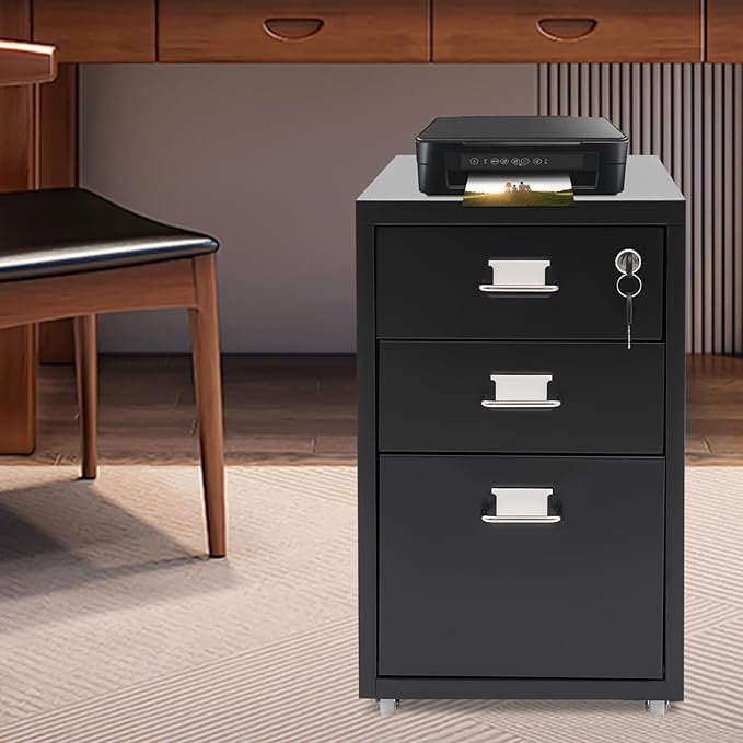 Metal Mobile File Cabinet Rolling Steel Vertical File Cabinet Filing Storage Organizer with Lock and Wheel for Home Office Legal/Letter Size 3-Drawer Black