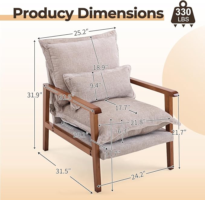 Karl home Plush Chenille Accent Chair with Lumbar Pillow &amp Ruffled Design Cozy Lounge Chair for Living Room Bedroom Reading Corner Khaki