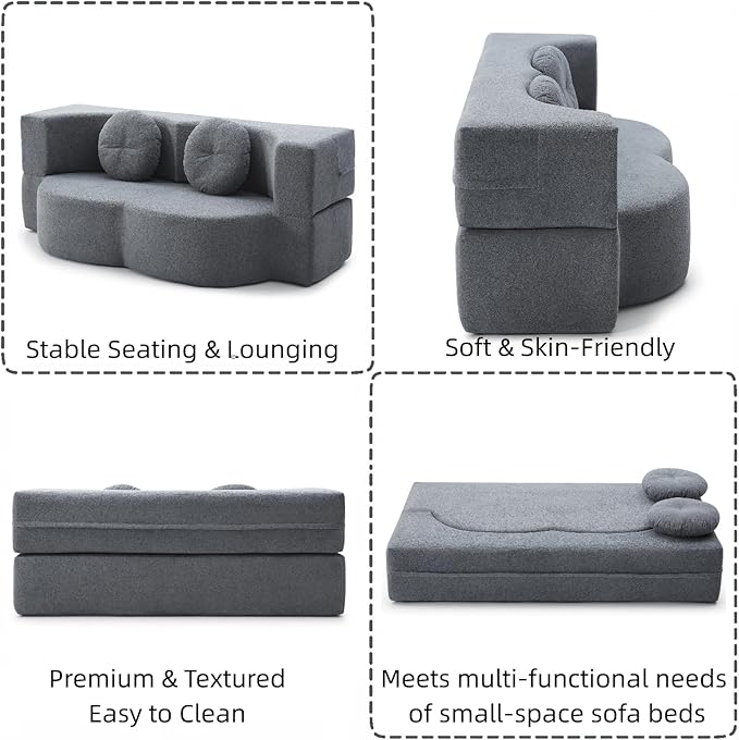 76 Convertible Folding Sofa Bed 2-in-1 Twin Size Loveseat Sleeper Couch Bed with Two Pillows Foldable Space-Saving | Design for Dorms Apartments Bedroom&amp Living RoomNo Assemble(Grey)