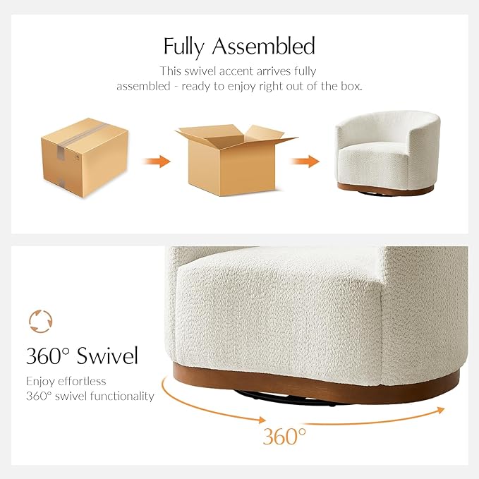 HULALA HOME Chenille Swivel Accent Chair Fully Assembled Comfy Upholstery Barrel Armchair with Sturdy Solid Wood Base Ivory