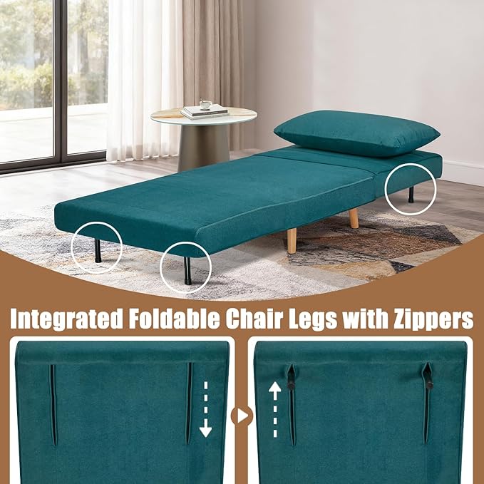 3 in 1 Sleeper Chair Bed Foldable Convertible Chair with Thickened Cushion and Sponge OTE Chenille Fabric Adjustable Backrest Upholstered Accent Sofa for Apartment/Bedroom/Office - Peacock Blue