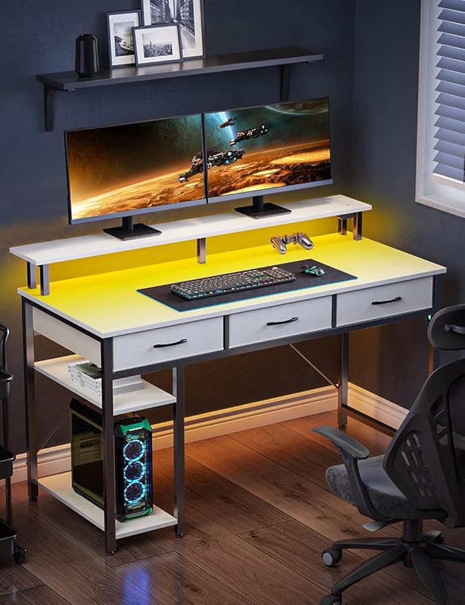 Rolanstar Computer Desk with Power Outlets &amp LED Light 39 inch Home Office Desk with 3 Drawers and Storage Shelves Writing Desk with Monitor Stand Work Desk for Home OfficeWhite