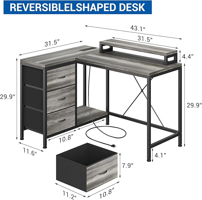41 Inch Computer Desk with 3 Drawers LED Lights &amp Power Outlets Gaming Desk with USB Charging Station Home Office Desk with Monitor Stand and Cationic Fabric Drawers