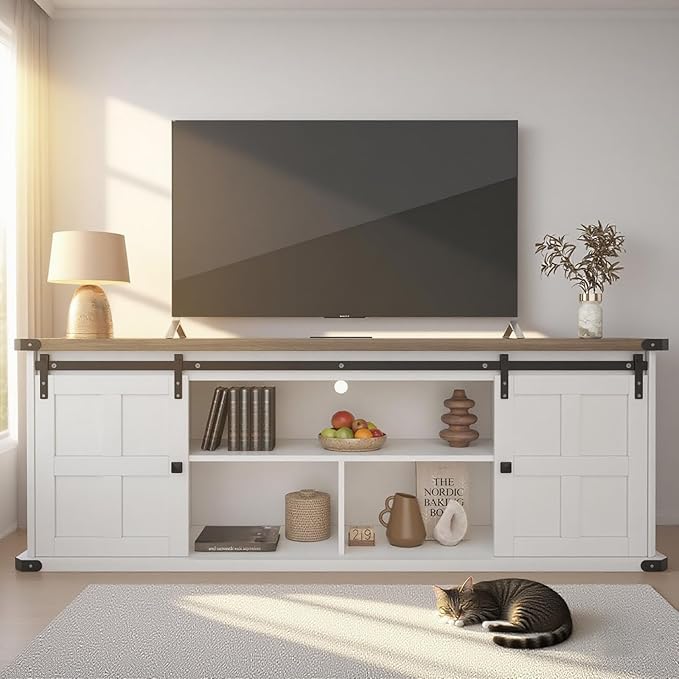 GAOMON 70 Farmhouse TV Stand for 80/75/70 Inch TVsEntertainment Center Storage Cabinets w/Power Outlets and Sliding Barn DoorRustic TV Stands for Living RoomMedia Console Cabinet (White+Brown)
