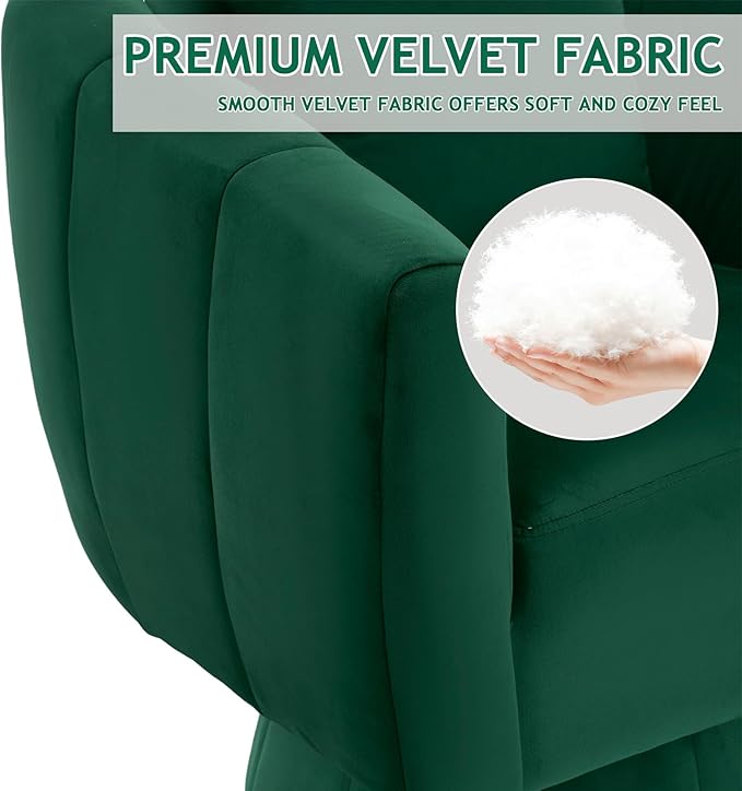 Karl home 360° Swivel Accent Chair Modern Velvet Fabric Living Room Armchair with Fluffy Cushions Comfy Wide Upholstered Barrel Accent Chairs for Living Room Bedroom Lounge Office (Green)