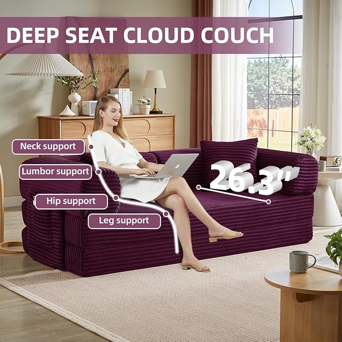 Convertible Folding Sofa BedFold Out Floor Sofa Couch with Fixed-Shape FrameCorduroy Foldable Mattress Cloud Couch for Living Room Bedroom (Purple-1 81 Inch)
