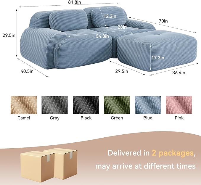 81.8 L Shaped Sectional Cloud Sofa CouchCorduroy Modern Memory Foam Boneless Modular Couches Chaise for Living Room Bedroom(2-Seater&amp1 OttomanBlue)