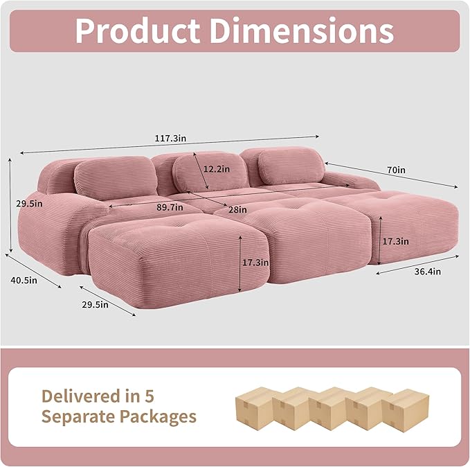 117.3” Modular Sectional Sofa Corduroy Boneless Sofa for Living Room Comfy 5 Seater Sleeper Cloud Couch Sectional with Deep Seat and 3 Ottoman &amp Button Tufted Cushions No Assembly
