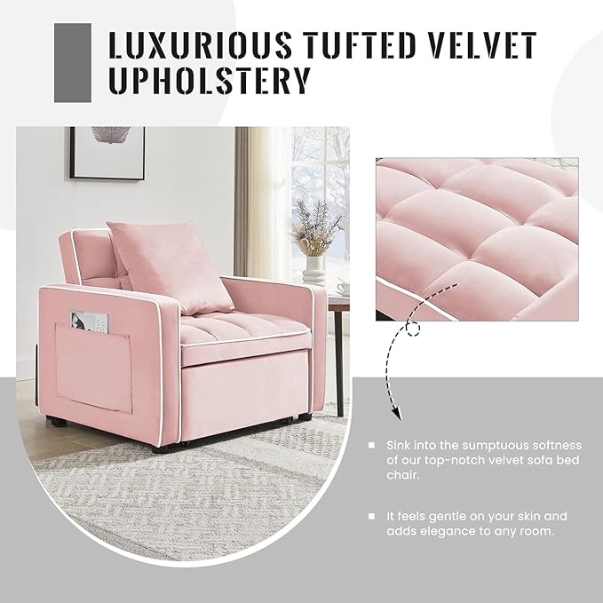 3 in 1 Velvet Sleeper Chair with Pull Out Bed Convertible Single Sofa Bed Futon Modern Tufted Chair with Adjustable Backrest Pullout Sleeper Sofa Chair for Bedroom Living Room Lounge (Pink)