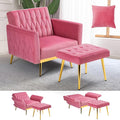Velvet Accent Chair with Adjustable Armrests and Backrest Button Tufted Lounge Chair Single Recliner Armchair with Ottoman and Pillow for Living Room Bedroom Pink