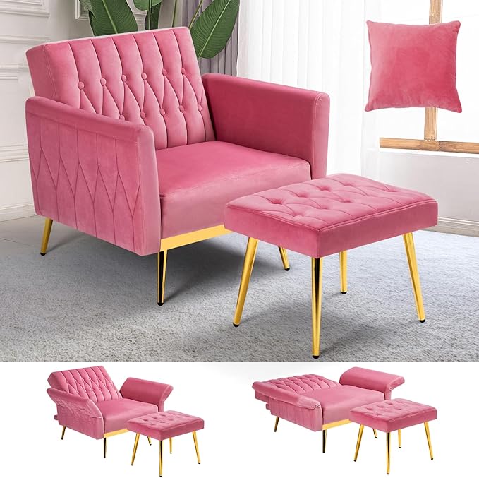Velvet Accent Chair with Adjustable Armrests and Backrest Button Tufted Lounge Chair Single Recliner Armchair with Ottoman and Pillow for Living Room Bedroom Pink