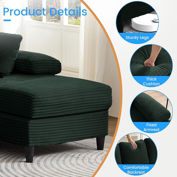 PUREMIND Sectional Couches for Living Room U Shaped Sectional Sofa with Double Chaise Lounge and Sleepable Armrests Corduroy 4 Seater Sectional Sofa Living Room Furniture