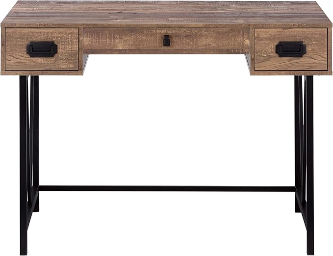 Penau Computer Desk for Home Office with Storage Drawers 48Inch Brown Laminate Top with Black Metal Legs Modern and Compact Design