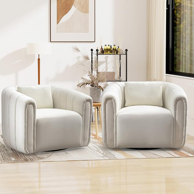 Bonzy Home Swivel Barrel Chair Modern Velvet Swivel Accent Chair with Channel Tufting Soft Upholstered Armchair for Living Room Bedroom Office (White 1 Pack)
