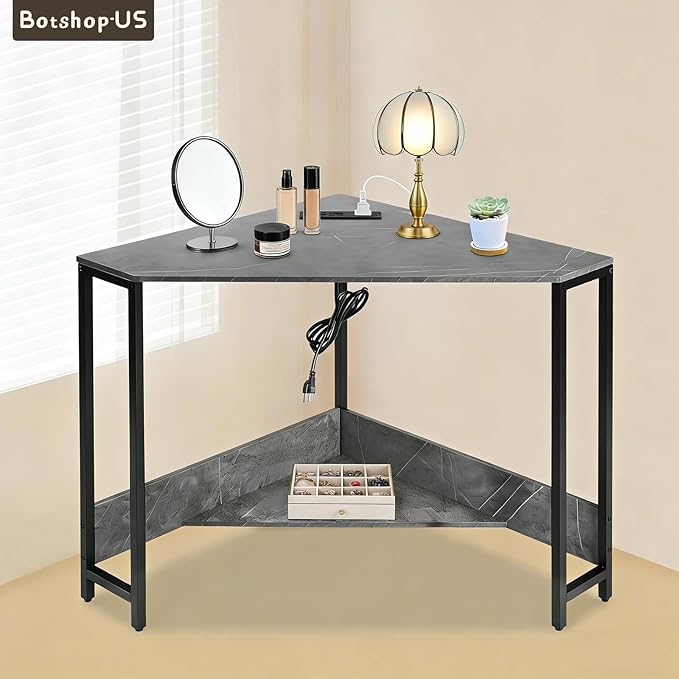 Gdrasuya10 Small Corner Desk Small Space Corner Desk with Power Outlets &amp USB Triangular Corner Workstation Table Storage Writing Desk for Home Office Living Room Bedroom Gray