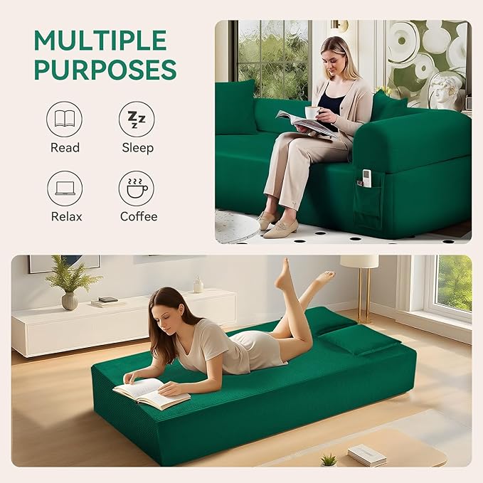 83 Boneless Couch 3 Seater Sofa with 2 Matching Pillows Compact Corduroy Couches for Living Room Side Storage Pockets Floor Sofa with Removable Armrests No Assembly Required Green