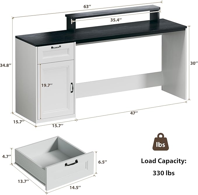 63 Farmhouse Executive Desk with Drawers Modern Computer Desk with Power Outlets Office Writing Desk with Monitor Stand &amp Storage Cabinet Printer Shelf Antique White