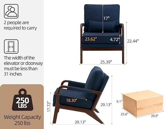 Mid Century Modern Chair Set of 2 Upholstered Lounge Arm Chair with Solid Wood Frame Comfy Accent Chair for Living Room Bedroom Reading Reception Blue