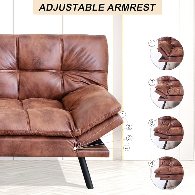 Opoiar Futon Couch Convertible Sofa Bed Memory Foam Faux Leather Brown 3 Seats