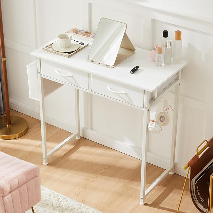 Sweetcrispy Computer Desk Small 32 Inch Home Office Bedroom Writing Study PC Table with Fabric Storage Drawers Space Side Bag Headphone Hook Metal Frame Adjustable Feet Modern Simple Style White Wood