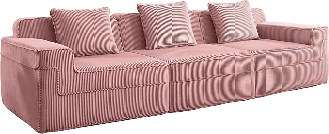 117.3 Corduroy Boneless Sectional Couch with High Density Memory Foam SofaCloud Sofa with Deep Seats and Wide Armrests3 Seater Pink Sofa for Living Room Apartments