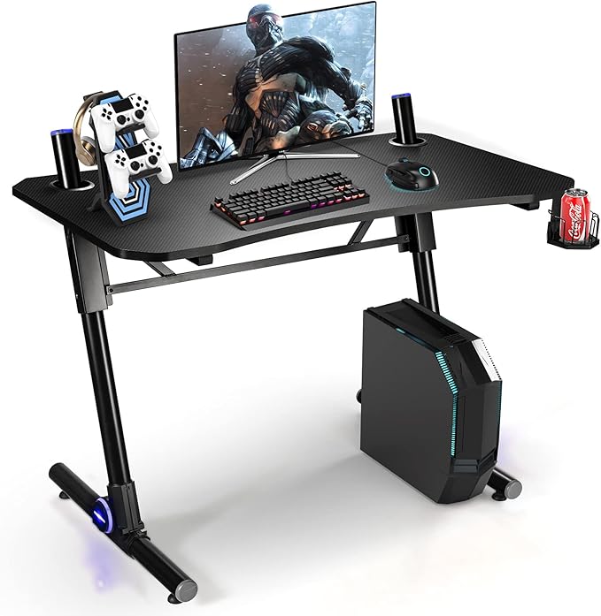 Tangkula Gaming Desk Height Adjustable Computer Desk w/Blue LED Lights Gaming Handle Rack &amp Cup Holder Z-Shaped Ergonomic Home Office Gamer Desk w/Carbon Fiber Texture (Black)