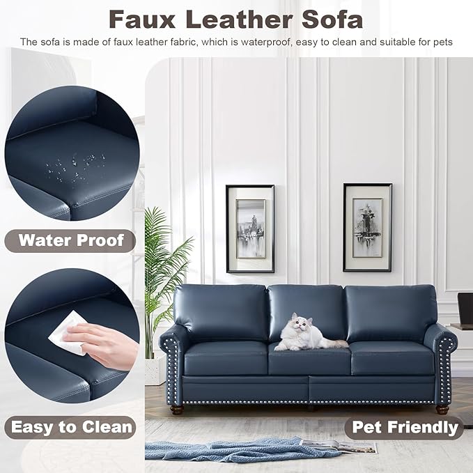 Faux Leather Sofa82 W Mid Century Modern Couch with Storage PlaceOversized 3 Seater Sofa with Nailhead Trim&ampRolled ArmrestsDeep Seat Comfy Couch for Living RoomBedroomApartmentOffice(Navy)