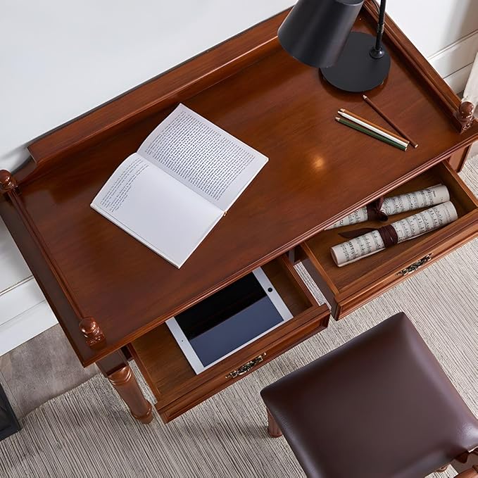 RUNNUP Mid-Century Desk with 2 Drawers 31.5 Wide Home Office Desk Workstation Solid Wood Computer Writing Study Desk for Small Space Bedroom Living Room Makeup Vanity Console Table