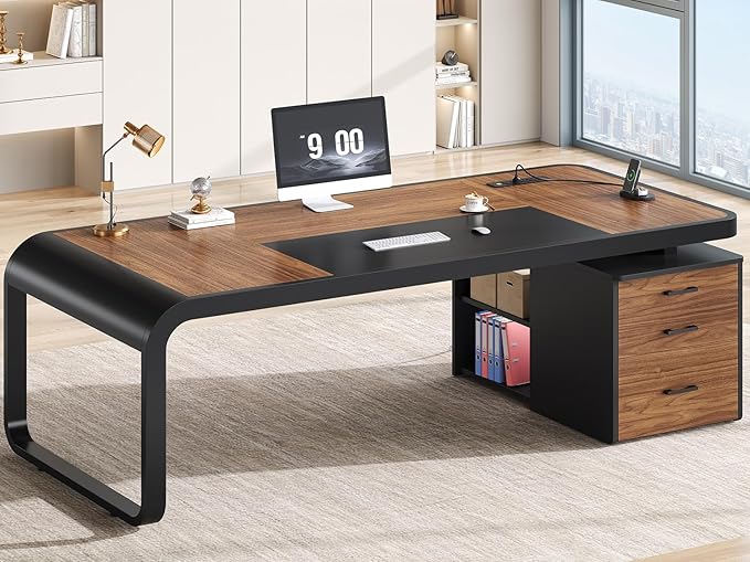 Itaar 70.9 Executive Desk Large Computer Desk with Drawers and Lateral File Cabinet Office Desk with Removable Shelves Business Furniture Desk Workstation for Home Office Brown