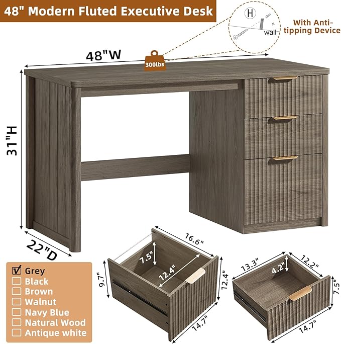 LEYAOYAO Office Desk 48 with 3 Drawers Storage File Cabinet Wood Fluted Desk for Computer Office Bedroom Home Furniture Grey