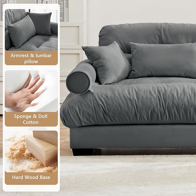 Oversized Modular Sectional Sofa 166 Inch U Shaped Couch Set for Living Room 4-Seater Comfy Velvet Cloud Couches with Movable Ottoman Round Bolster Armrest Grey