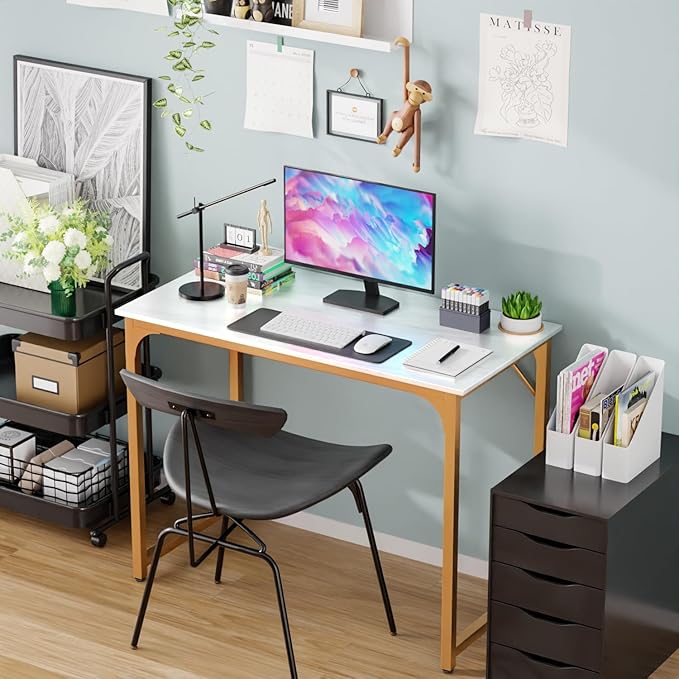 Bigacc Computer Desk Office Desk with Metal Frame Adjustable Feet | Water-Resistant Scratchproof Surface | Sturdy Writing Table for Home Office or Study (White Gold 39 Inch)